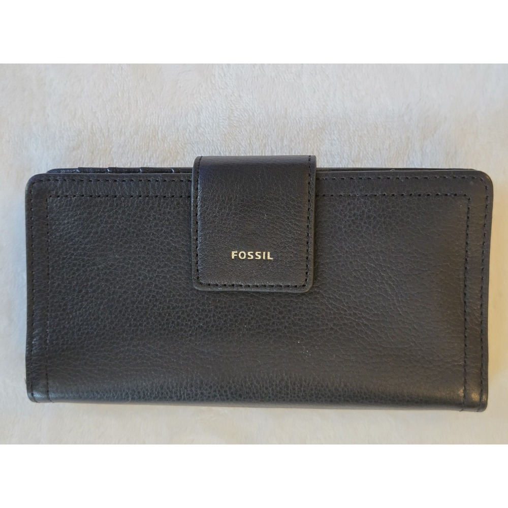 Fossil Logan Leather RFID Tab Clutch Wallet Black Card Slots EUC